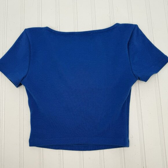 Zara Blue Square Neck‎ Crop Knit Top Size Small Short Sleeve Festival - Picture 2 of 5